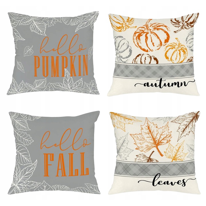 Set 4 fete de perna decorative 50x50cm, motive de toamna, imprimeu "Hello Pumpkin"
