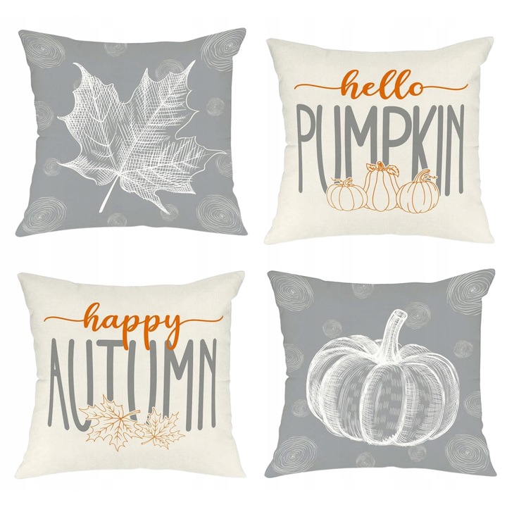 Set 4 fete de perna decorative 45x45cm, motive toamna, culori gri cu accente de dovleac, frunze si flori
