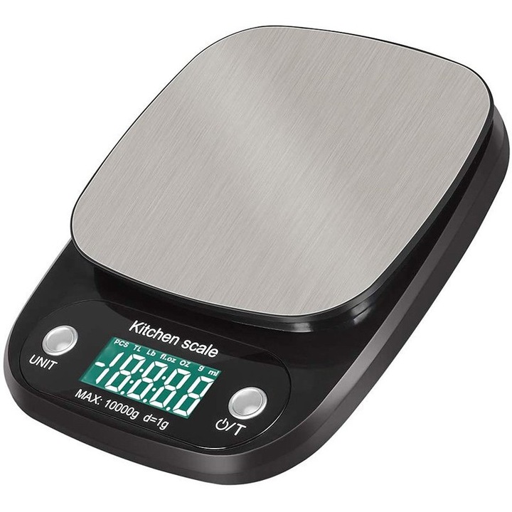 Cantar de bucatarie electronic, 10kg/1g, LCD, negru, 21x15,5x2,8cm, cu baterii