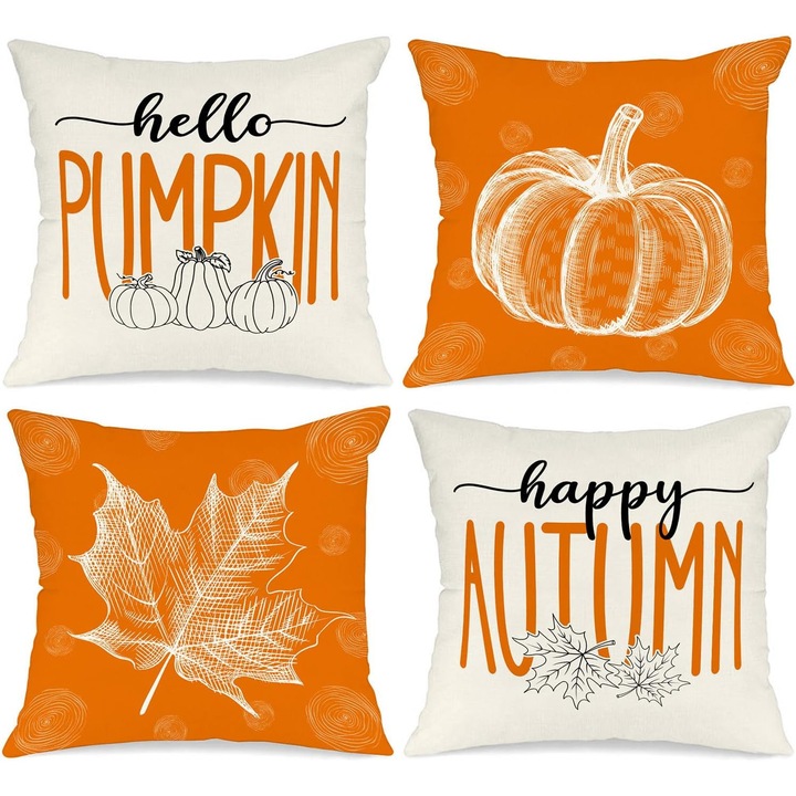 Set 4 poszewki decorative pe perne, 40x40cm, material 100% bumbac, design tematic de toamna