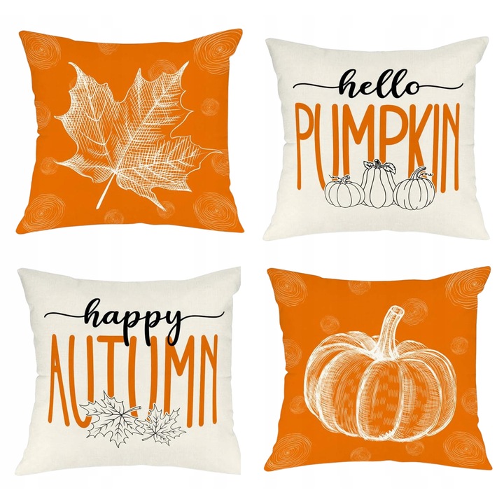 Set 4 poszewki decorative 45x45cm, motive toamna, linii si flori, cu fermoar ascuns