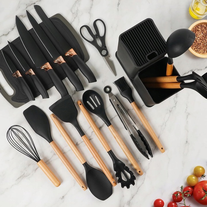 Set ustensile de bucatarie 19 piese, 5 cutite, spatula silicon, lemn, negru, 32cm