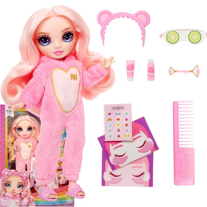 Papusa Bella Rainbow High Junior, pijama, accesorii, roz, set