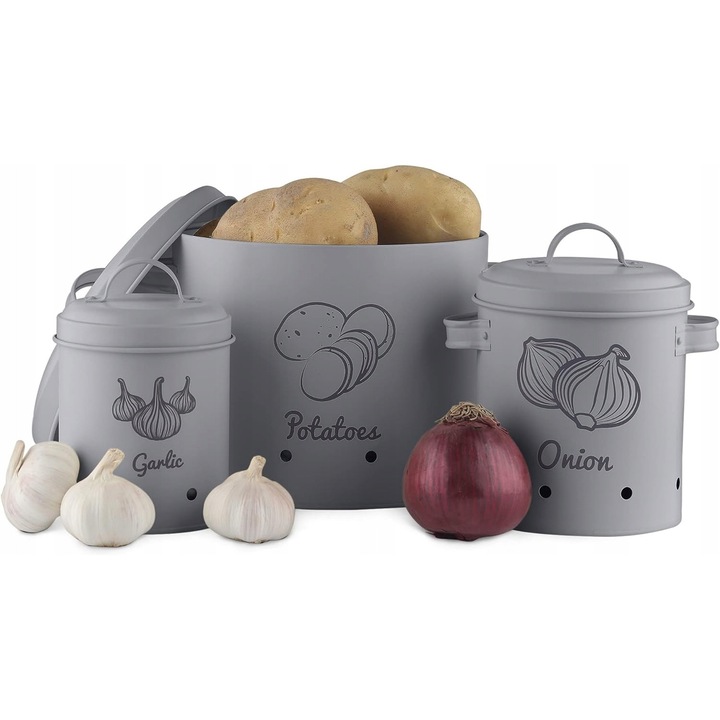 3 darabos fémdoboz készlet zöldségekhez, bézs színű, fedéllel, méretek: 23x22cm, 14,5x19cm, 11,5x17cm