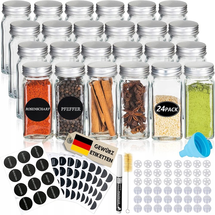 Set 24 Borcane Condimente cu Capac, Deco Haus, Sticla, Accesorii Incluse