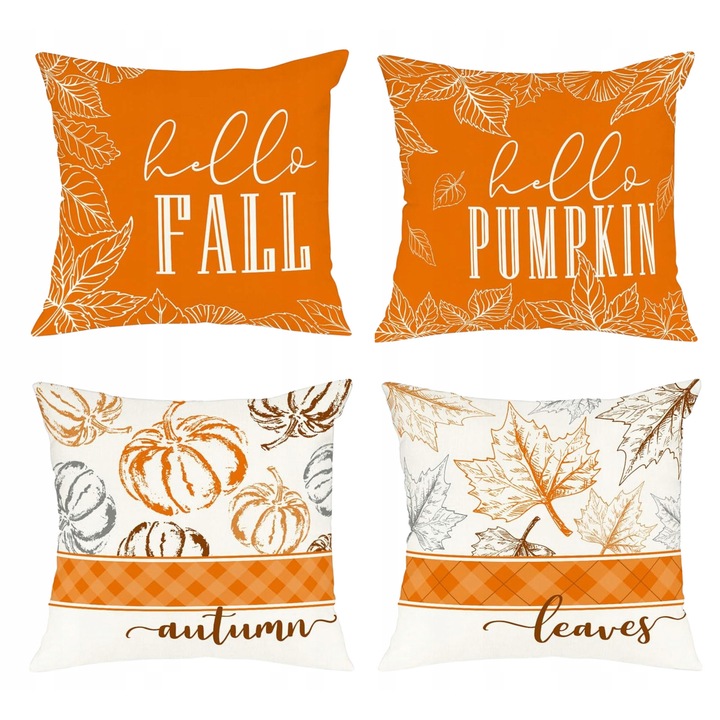 Set 4 fete de perna decorative 60x60cm, motive de toamna, imprimeu "Hello Pumpkin"