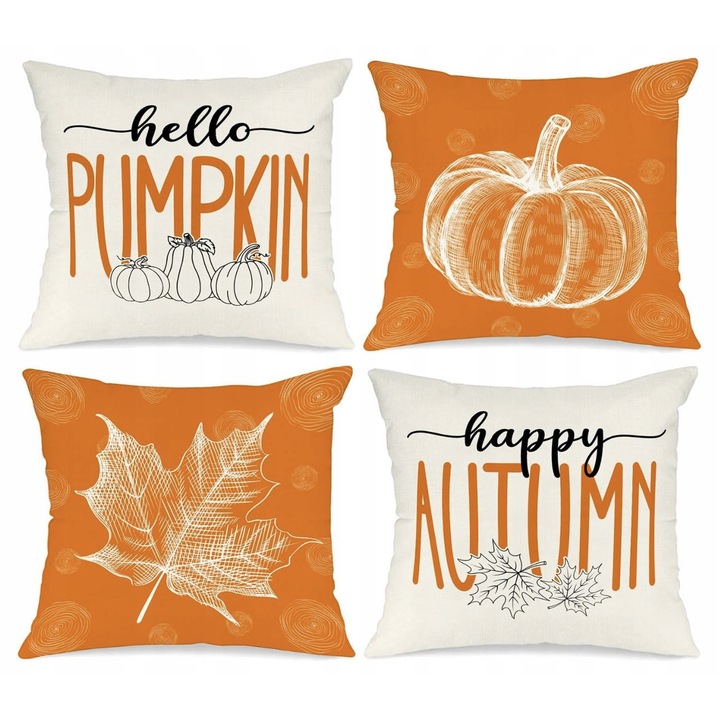 Set 4 fete de perne decorative, 40x40cm, bumbac natural, imprimeuri toamna