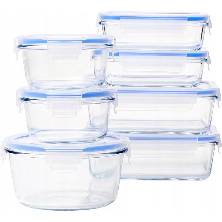 Set 7 cutii alimentare din sticla cu 7 capace, dimensiuni variate, rezistente la temperaturi, fara BPA