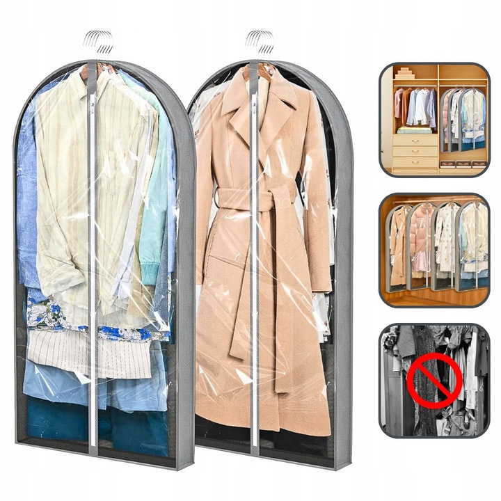 Set 2 huse pentru imbracaminte, 60x10,5x150cm, transparent, rezistente la molii, cu fermoar