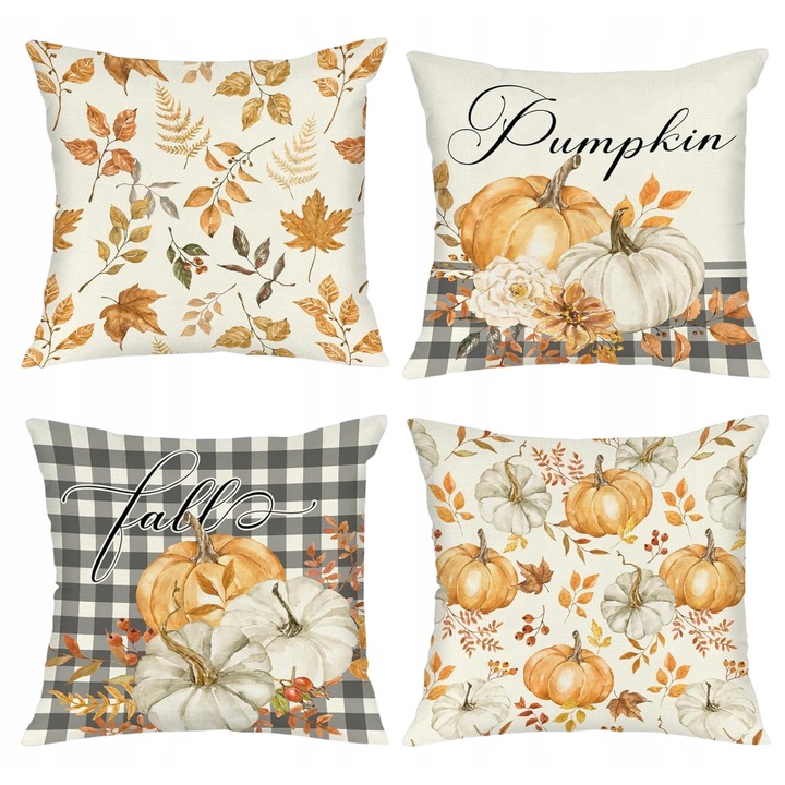 Set 4 fete de perna decorative 45x45cm, motive toamna, culori gri cu accente de dovleac si frunze
