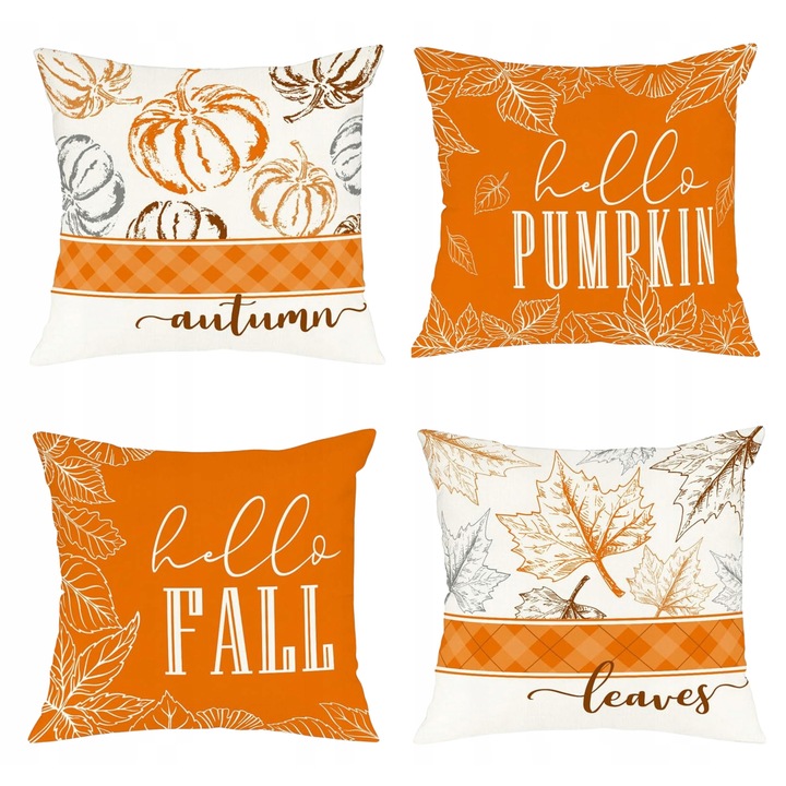 Set 4 fete de perna decorative 60x60cm, motive de toamna, imprimeu "Hello Pumpkin"