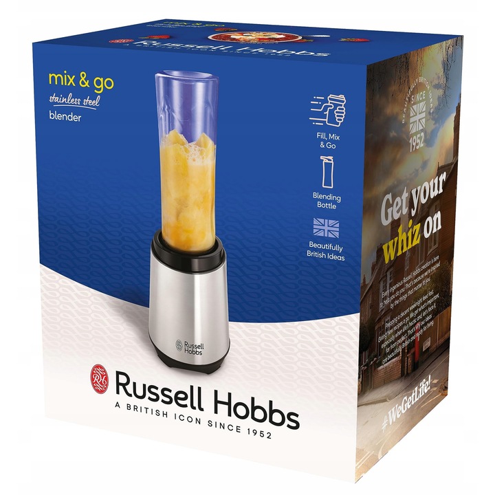 Blender Russell Hobbs 600ml, inox, 23.500 obr./min, cu tocator si capac pentru baut, set
