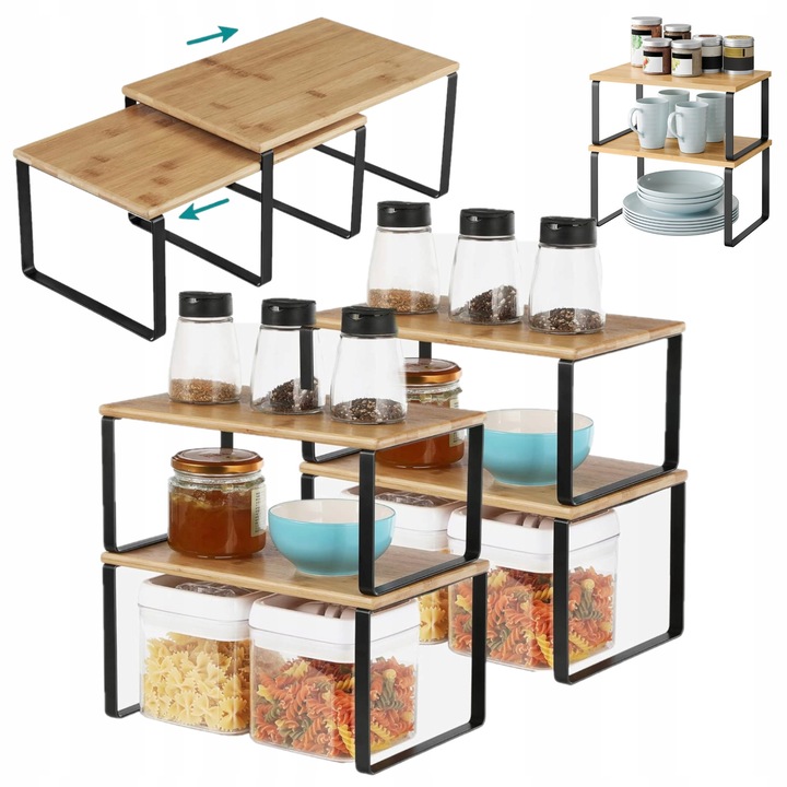 Set 4 suporturi pentru condimente, metal si bambus, negru, dimensiuni 19,5x29,7x15,5cm si 18,5x29,7x13,6cm