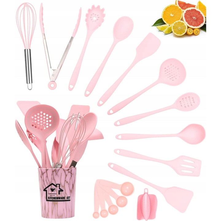 Set ustensile de bucatarie 38 piese, inox, silicon, multicolor, rezistent la masina de spalat vase