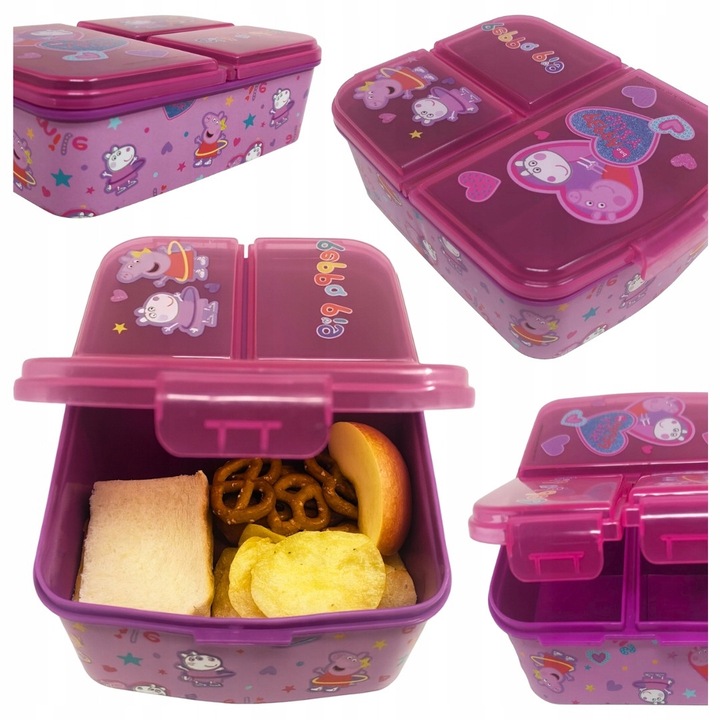 Étel tároló, 1400 ml, 3 rekeszes, BPA mentes, 18x14x7cm, lila