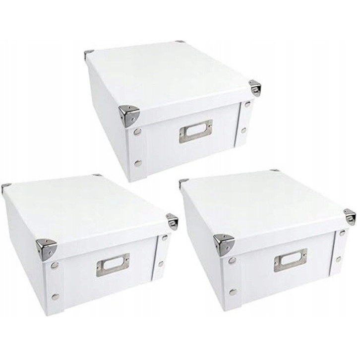 Set de 3 cutii de depozitare, 31x26x14cm, carton stabil cu metal, alb