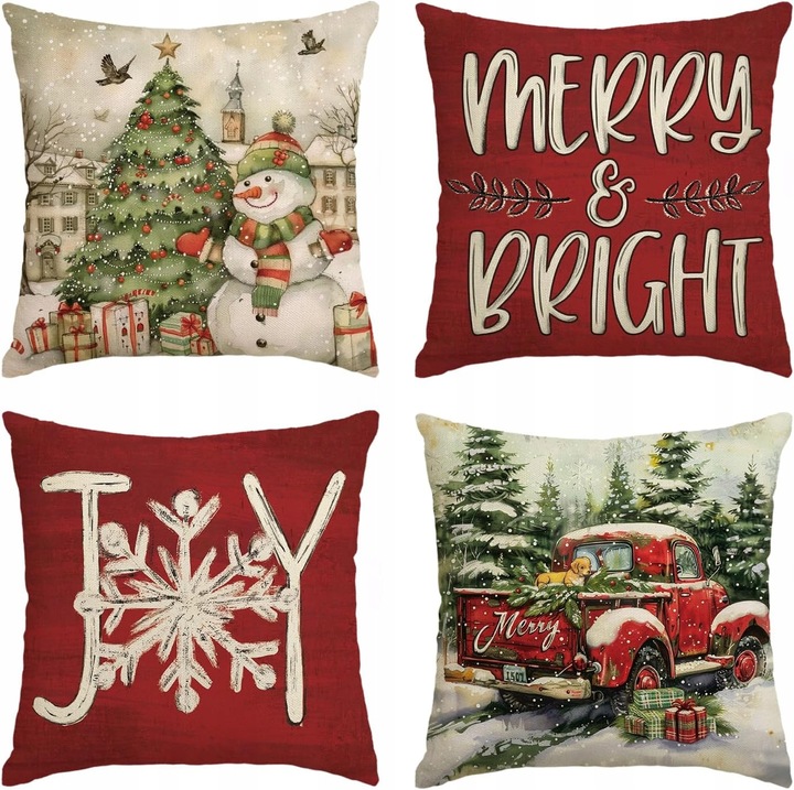 Fata de perna, 45x45cm, poliester, cu fermoar invizibil, set de 4 bucati, stil vintage, decorativa pentru casa, Craciun