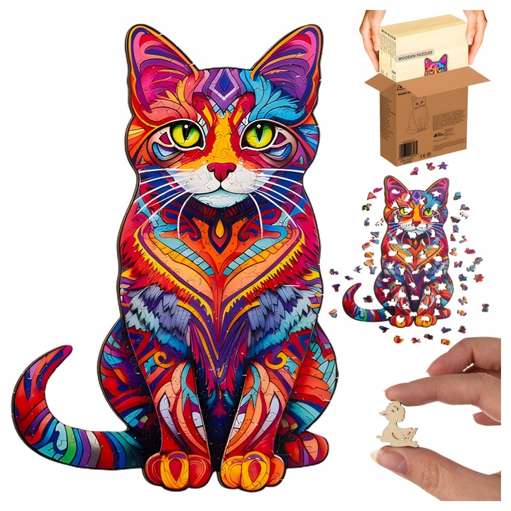 Puzzle din lemn, 130 elemente, motiv pisica, multicolor, 38x24cm, set cu punga de depozitare