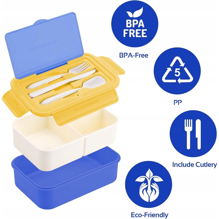 Cutie alimentara, 3 compartimente, cu tacamuri, 21x14x7cm, fara BPA, portabila