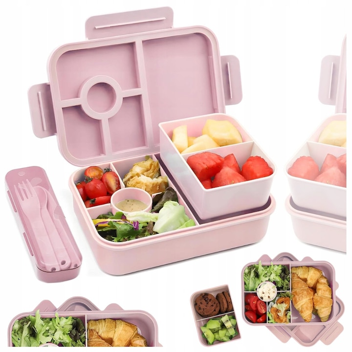 Set cutii alimentare, 1300 ml, 4 compartimente, roz, 22x15x5,5 cm