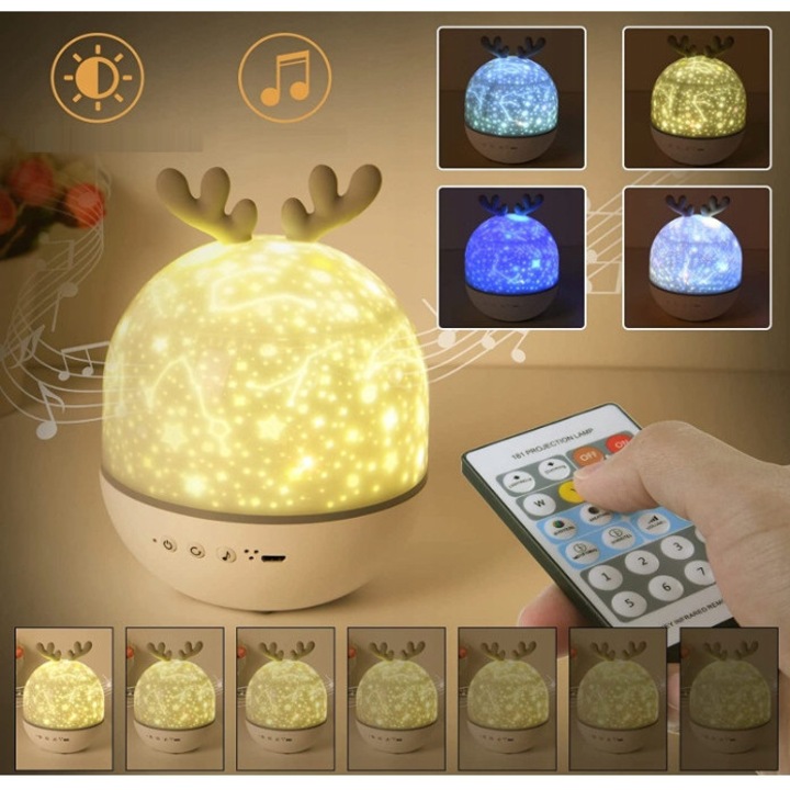 Proiector de stele, lampa de veghe 2 in 1, alb, 16x12x12cm, cu telecomanda, 6 motive de proiectie