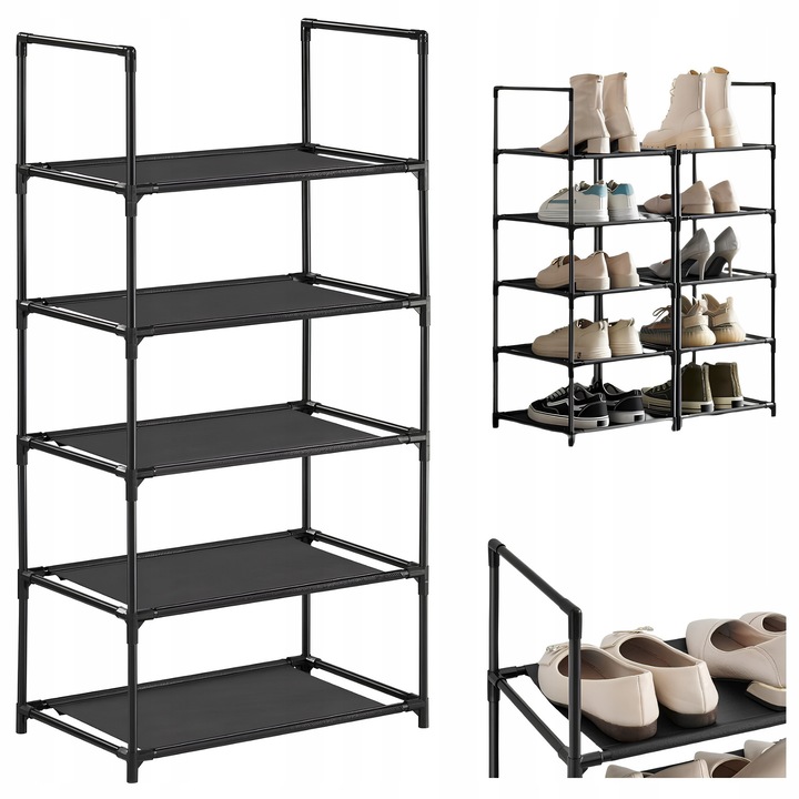 Cipőtartó állvány, 5 szintes, fém, fekete, 33x33x173cm