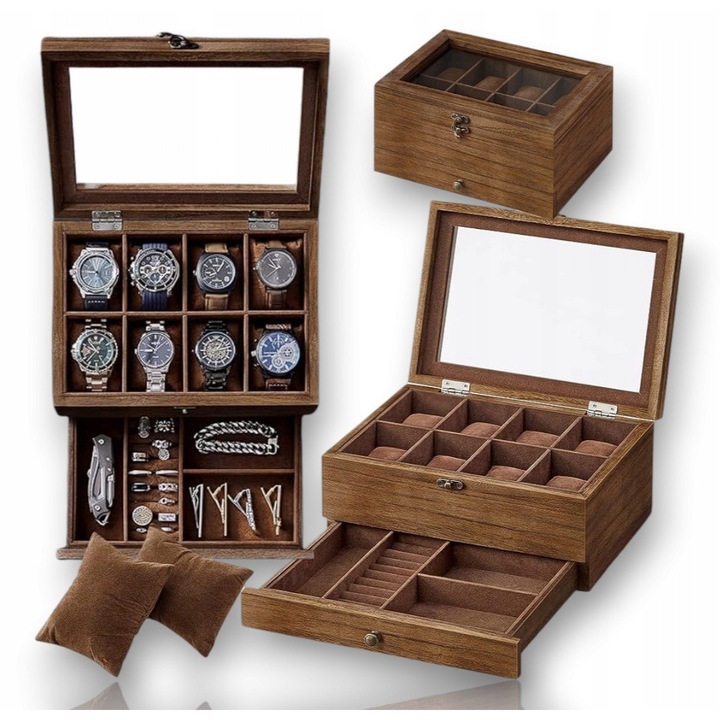 Дървена кутия органайзер за часовници и бижута, 8 отделения, кафяв цвят, размери 27x19x12,5см