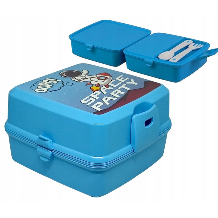 Kosmonaut ételhordó doboz, 1400ml, 2 szint, kanállal és villával, BPA mentes, 14,5x14,5x9cm