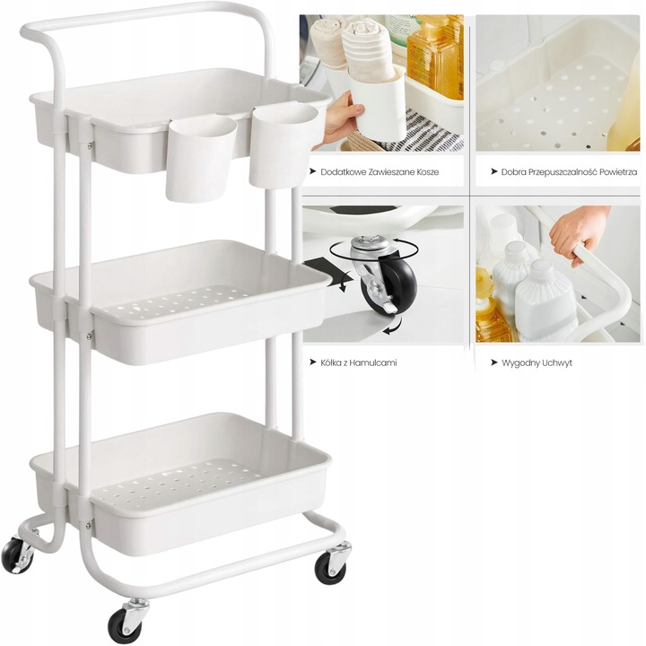 Carucior mobil pe roti, 3 niveluri, alb, 41,6x33,5x86,3cm