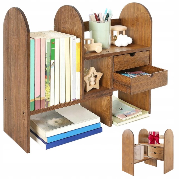 Raft birou reglabil cu 2 sertare, bambus, 33x16,5x43cm - 59x16,5x43cm, set organizator