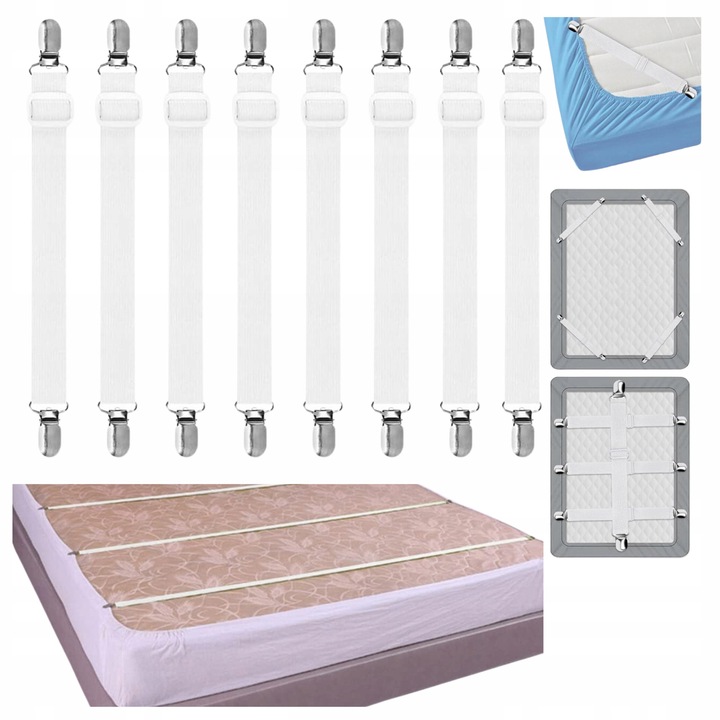 Set 8 elastice pentru prinderea cearsafurilor, 25x80cm, metalice, de calitate superioara