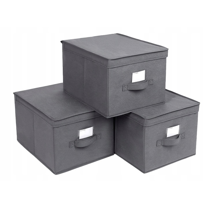 Set 3 cutii depozitare cu capac, 30L, gri, 40x30x25cm, cu etichete si manere