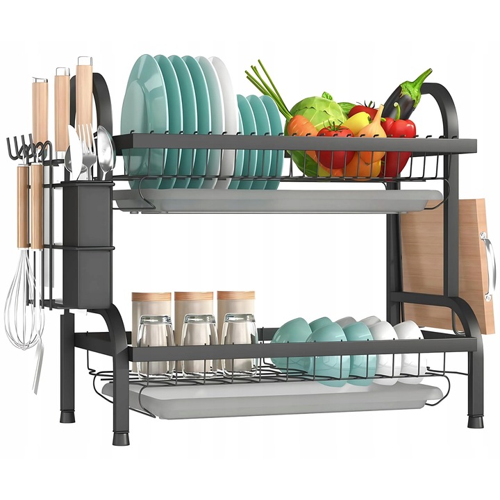 Scurgator vase, 2 niveluri, negru, otel carbon, set cu tavite si organizatoare