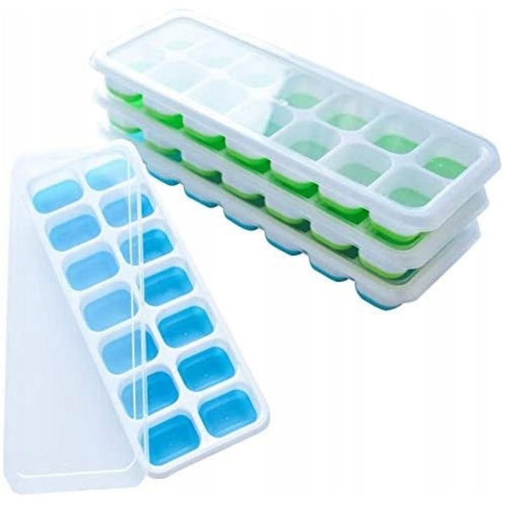 Set forme cuburi de gheata, 4 bucati, silicon, capac, economisire spatiu, usor de utilizat