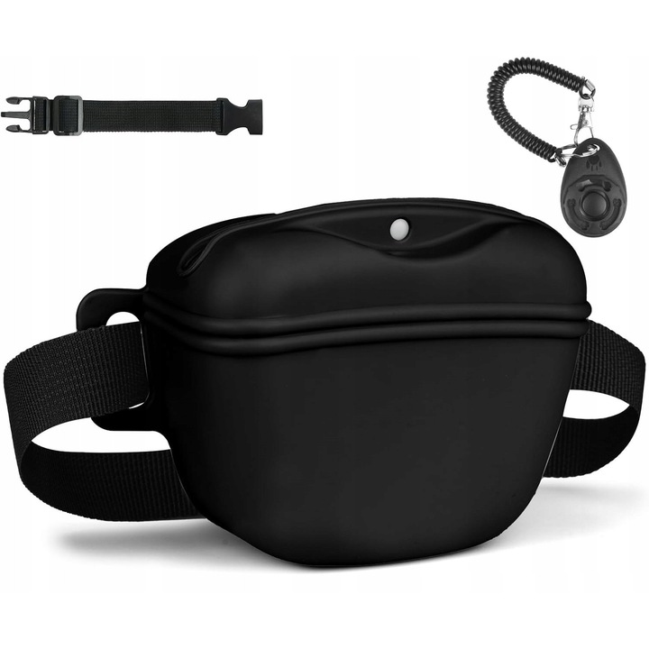 Geanta de antrenament din silicon pentru recompense pentru caini, neagra, 12,7x10x5cm, cu clicker inclus