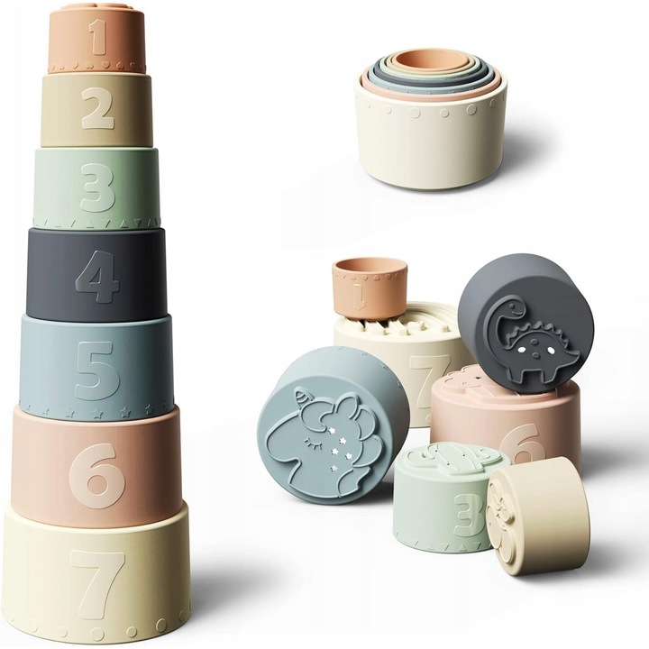 Силиконова сензорна кула, 7 елемента, многоцветна, играчка за никнене на зъби