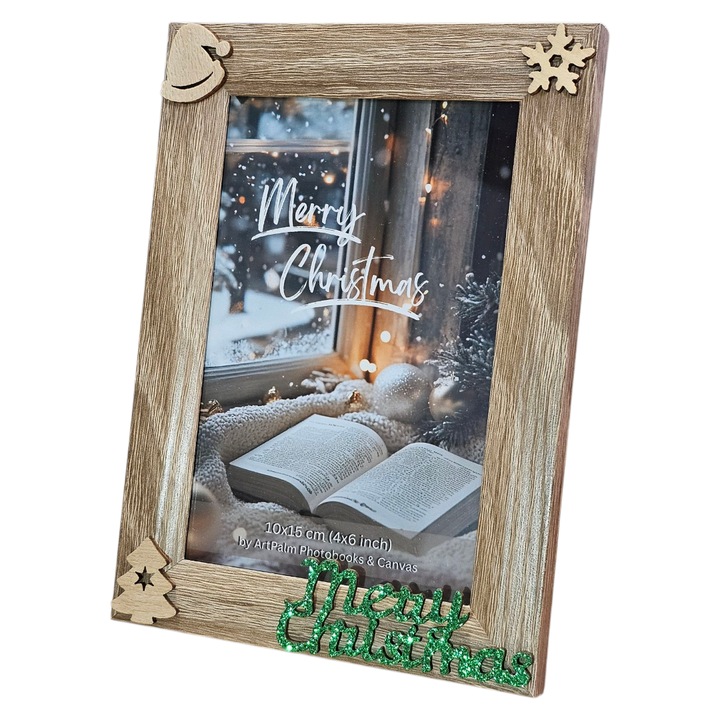 Rama Foto Craciun - Merry Christmas cu ornamente din lemn