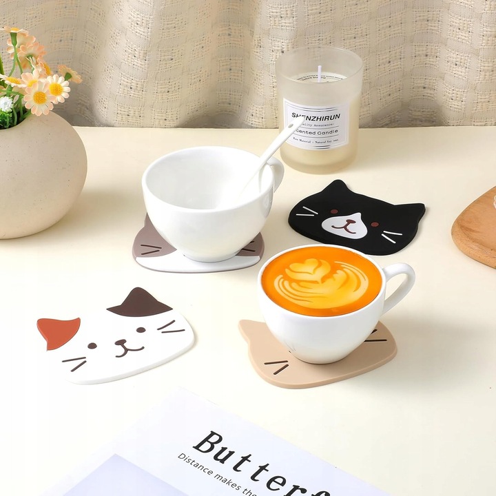 Set 4 suporturi pentru bauturi din silicon, forme de fete de pisica, 11x10cm, multicolor