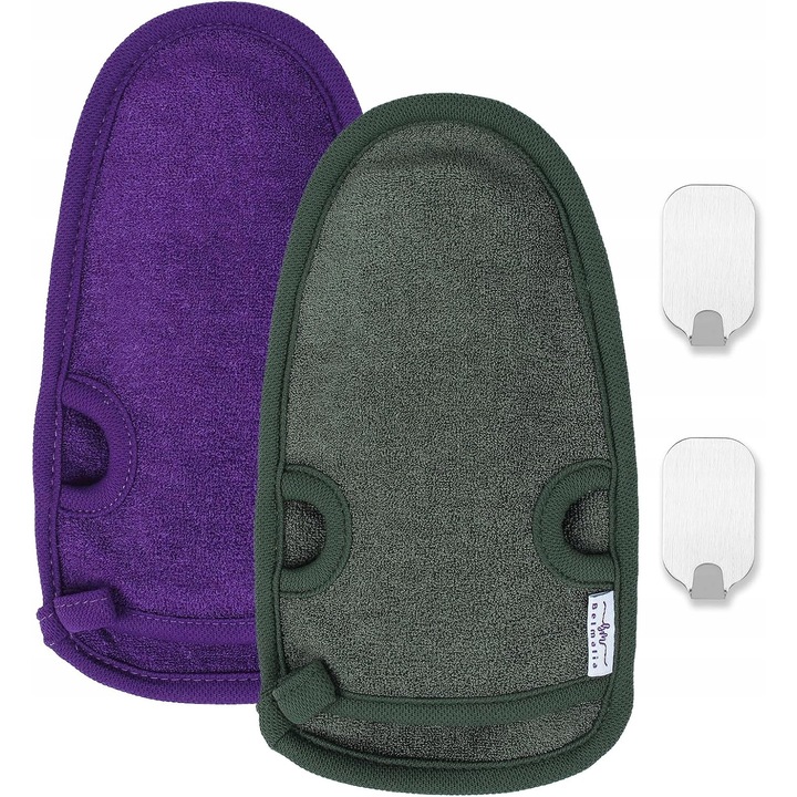 Exfoliáló kesztyű szett természetes szálból, lila + zöld, 20x12.6x2.9cm