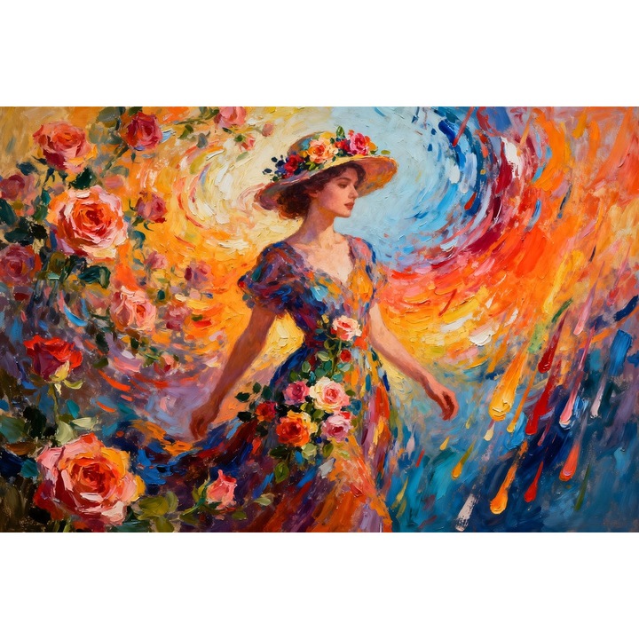 Tablou Canvas Dansul florilor feminin 1, 120x80cm, stil pictura, sasiu de lemn, panza de bumbac 90%, agatatoare invizibila