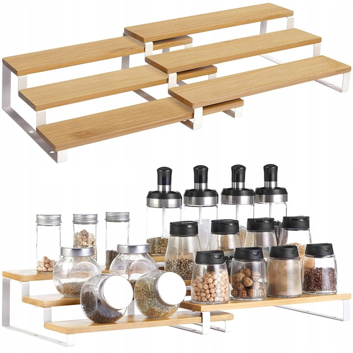 Organizator de bucatarie, Songmics, set 2 rafturi, alb + bambus natural