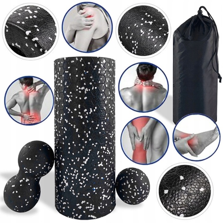 Set masaj cu roller, duoball si minge EPP, 33x14cm, 16x8x8cm, negru-alb