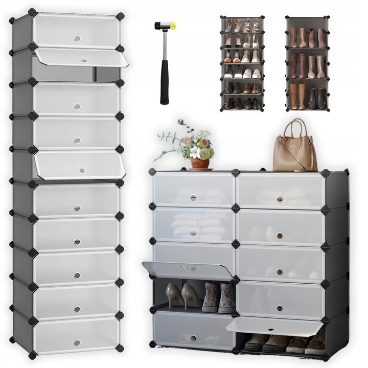 Moduláris cipőtartó állvány, 43x31x173cm, szürke, 12 lapos készlet