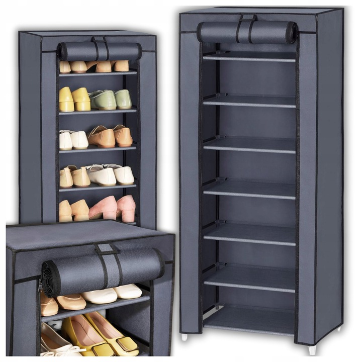 Cipősszekrény, rendszerező, 46x126x28cm, szürke, nagy kapacitás, 7 szint