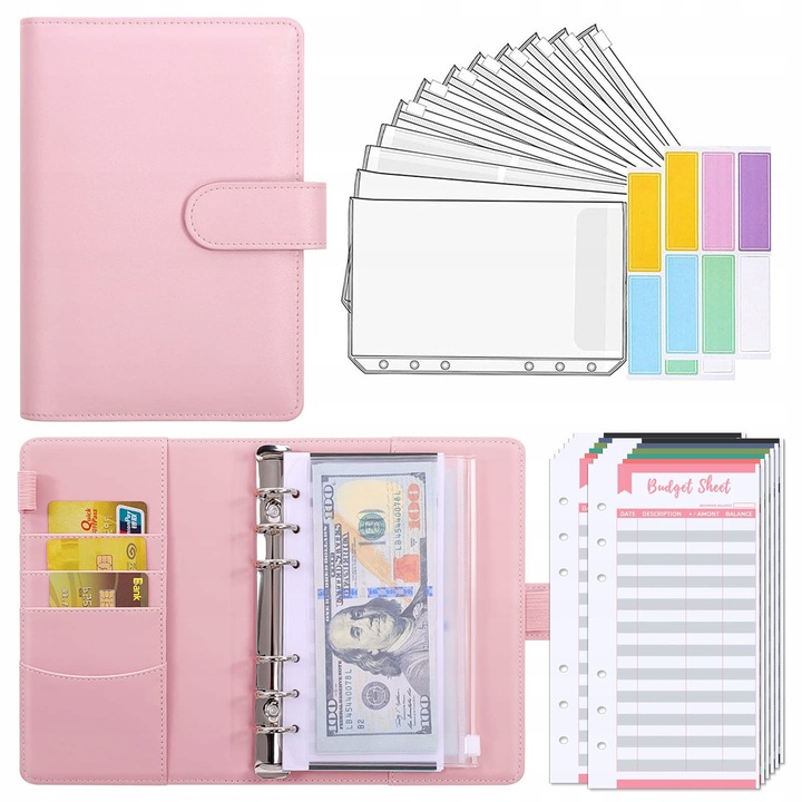 Organizer bugetar A6, set cu 12 inserturi colorate, 8 plicuri transparente, design elegant, multicolor