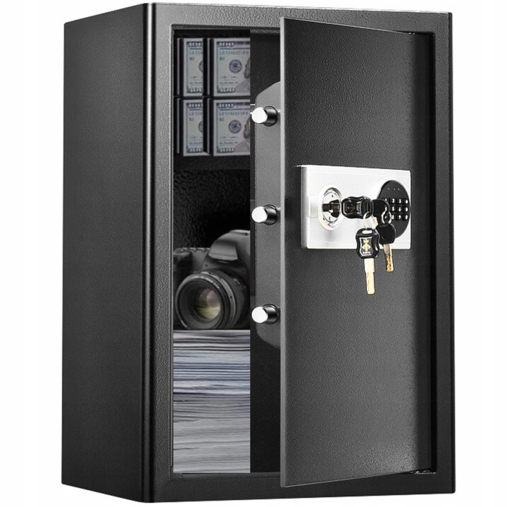 Seif electronic, negru, 60x38x31cm, cu zavor electronic si cheie, set complet