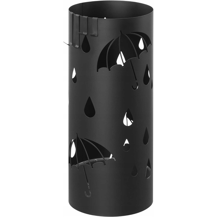 Suport umbrele metalic Songmics, 49x19,5cm, cu tava de scurgere si 4 carlige, negru