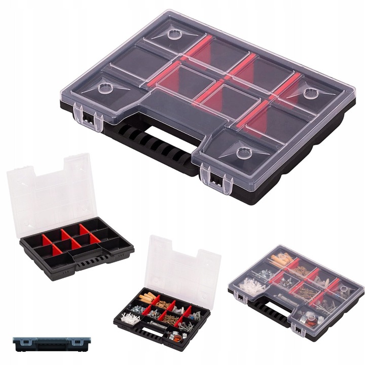 Szerszámtároló doboz, 11 rekeszes, átlátszó, 195x155x35mm
