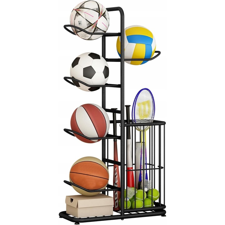 Suport pentru mingi, organizator sportiv, 5 mingi, negru, 58x23,5x116cm