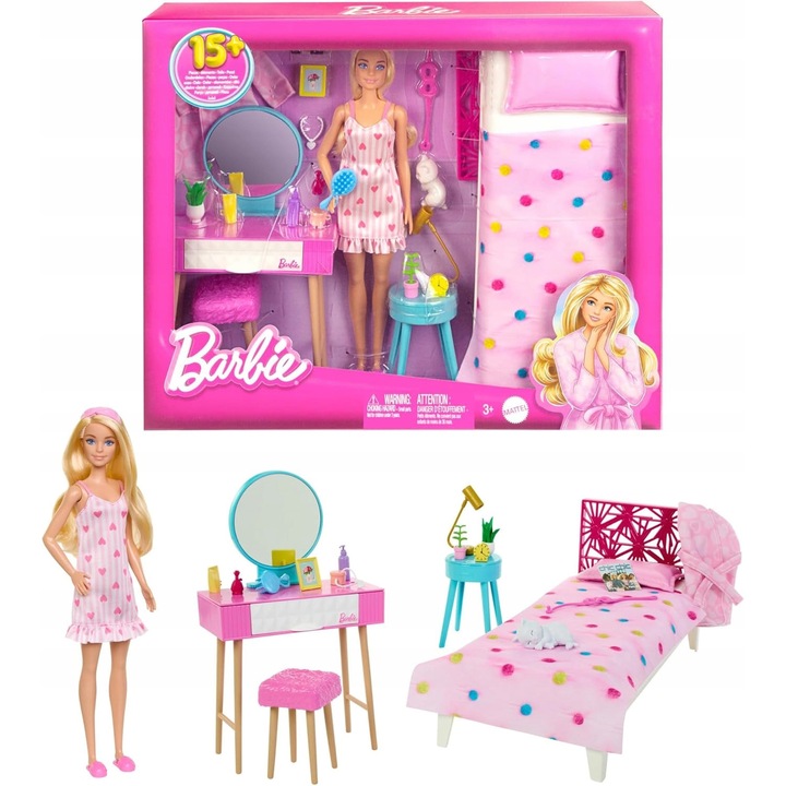 Комплект за игра Barbie, с кукла, кученце, легло, тоалетна и 20 аксесоара, многоцветен, 3+